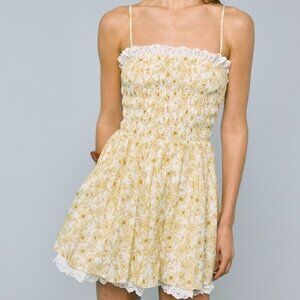 SEE THE WORLD YELLOW LACE TRIM FLORAL MINI DRESS